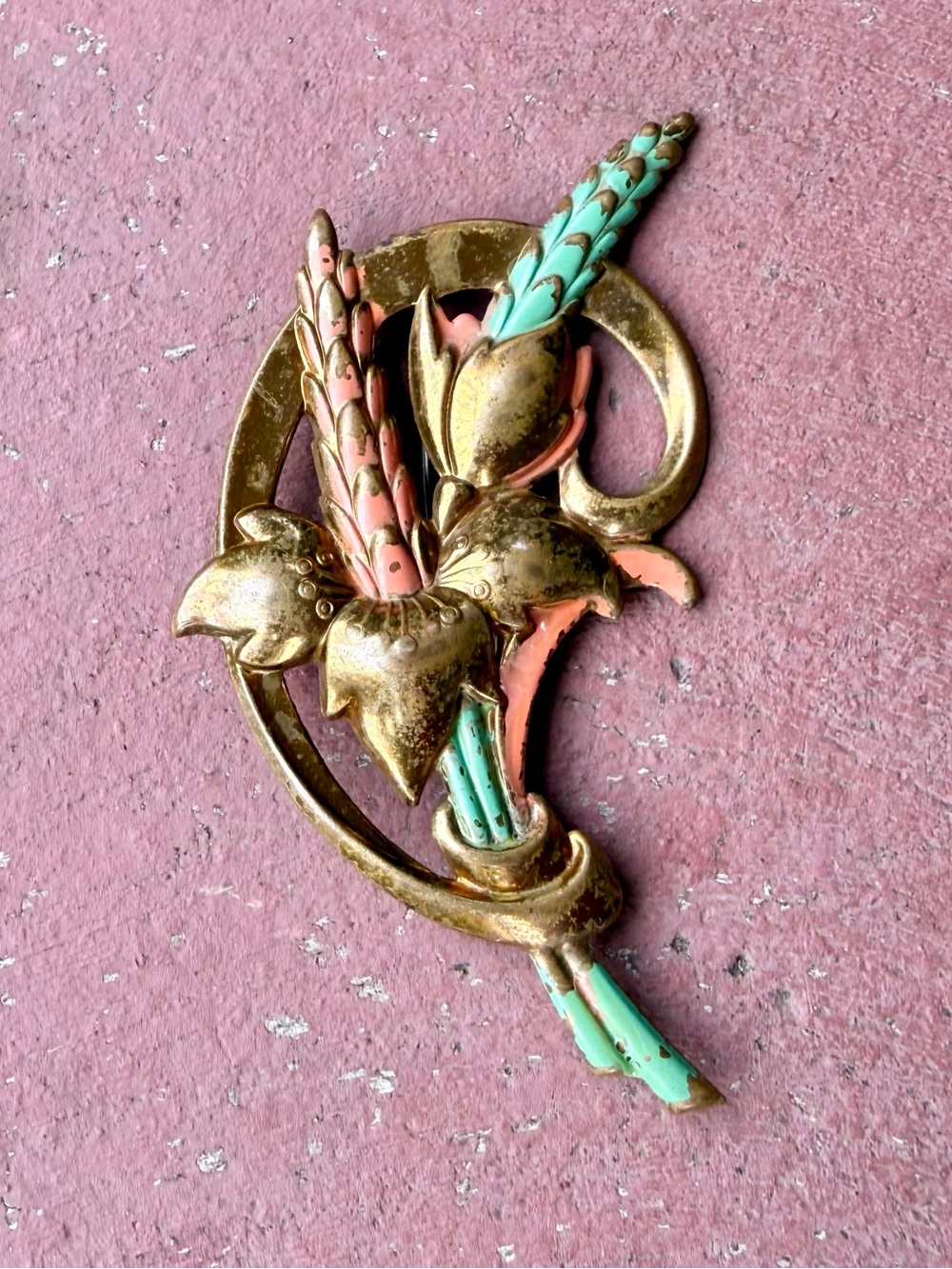 Vintage Brass Floral Brooch Pink & Turquoise Enamel